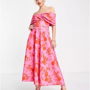 ASOS True Violet off the shoulder midi dress in pink and red floral